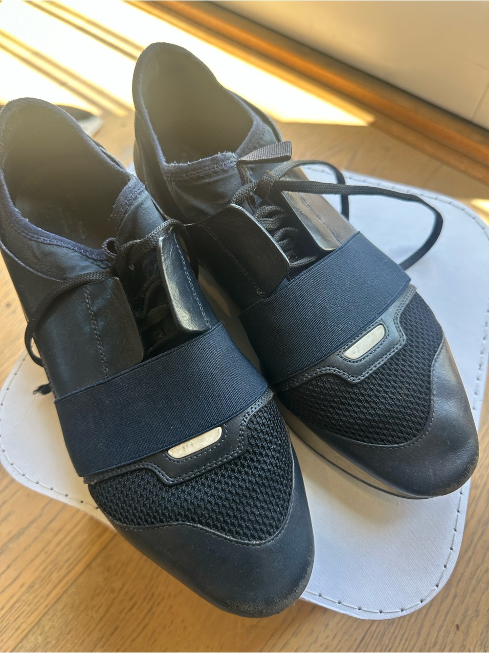BALENCIAGA RaceRunner Slip-On Lace Sneakers with Elastic Strap. Navy blue